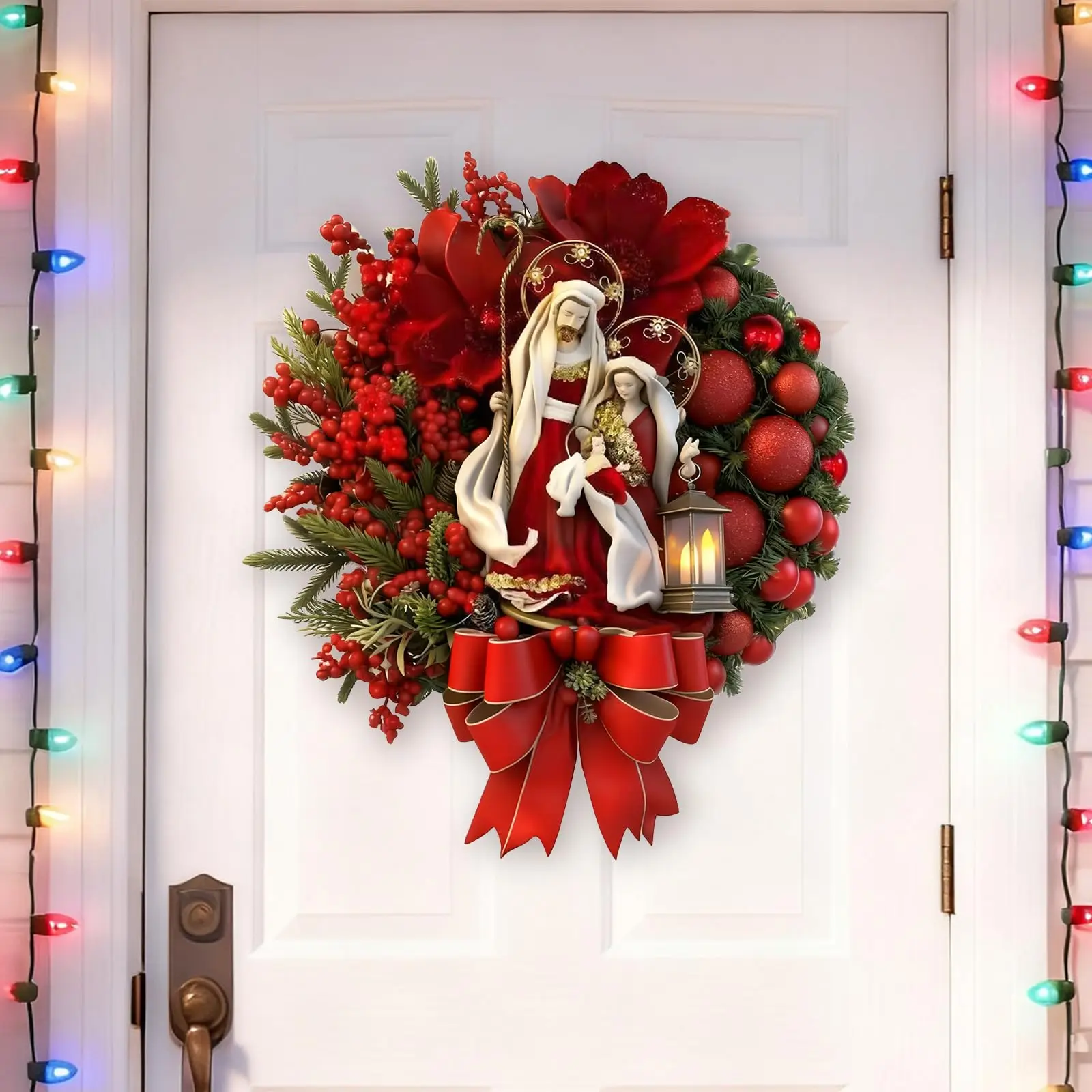 Nativity Scene Christmas Jesus Wreath Sign Front Door Decorations Red Berries Pine Branches Garland Hanging Door Sign For Xmas