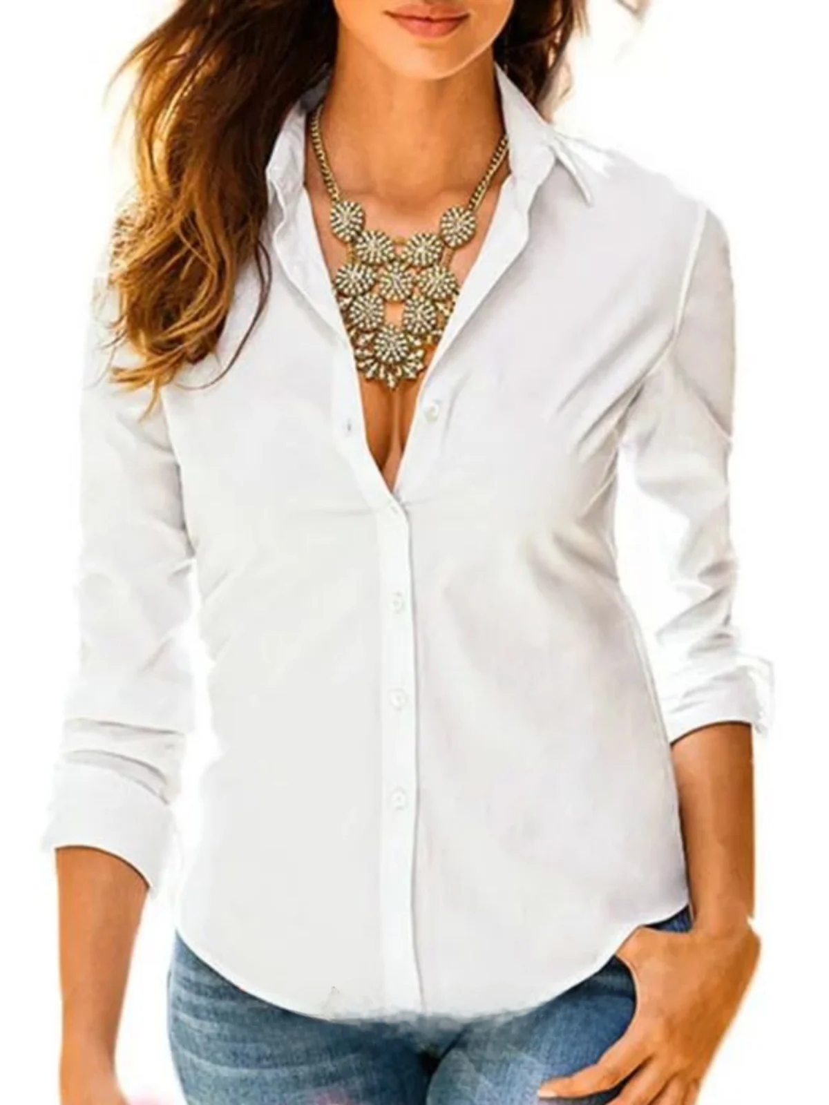 

Slim Fit Long Sve Pure Color irt Street Sle Women's Busin Casual irt Stand Collar Button Plaet Regular Length