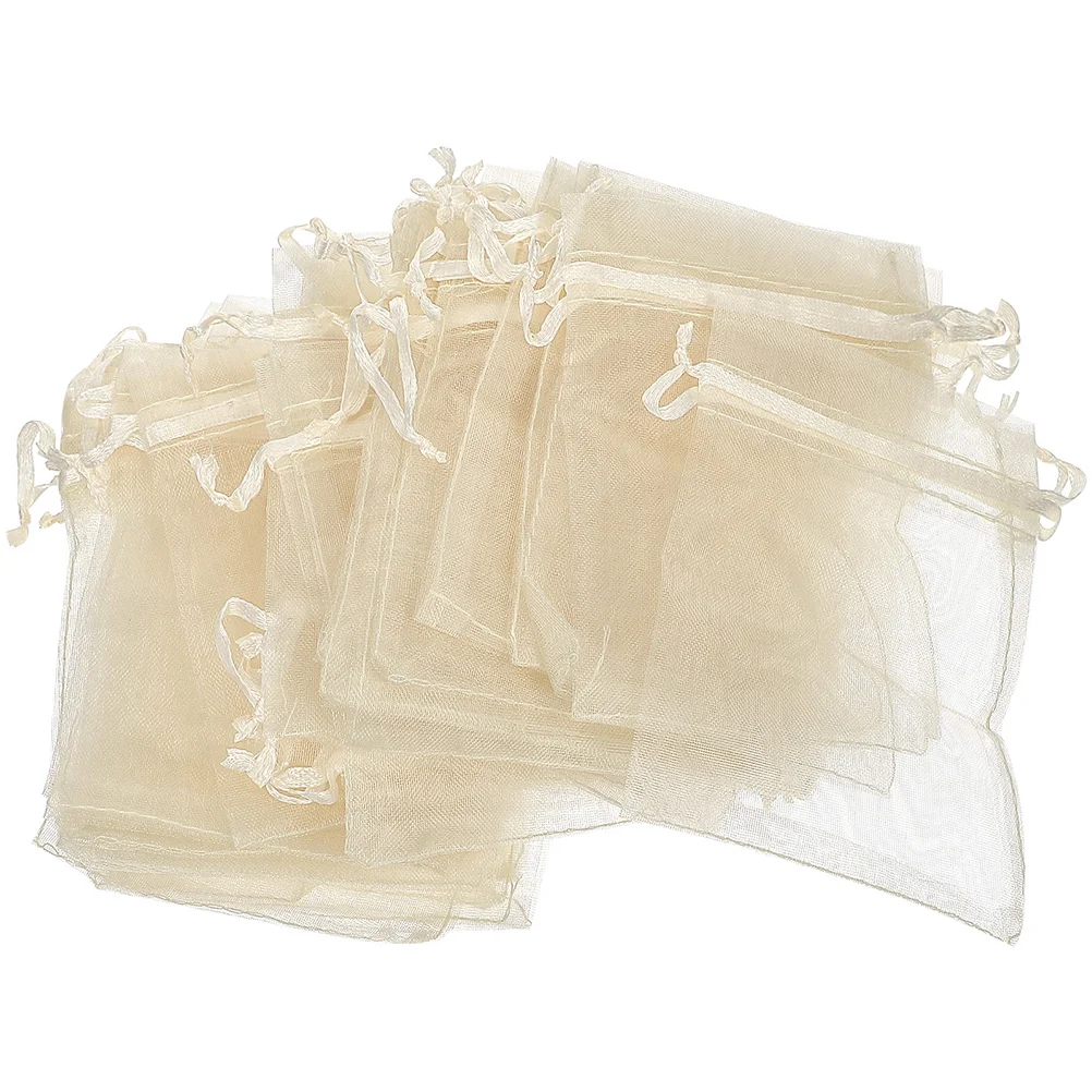 100 Pcs Packaging Bags Small Organza Mesh for Gifts Jewelry Drawstring Bracelet Pouch Party Favor Beige