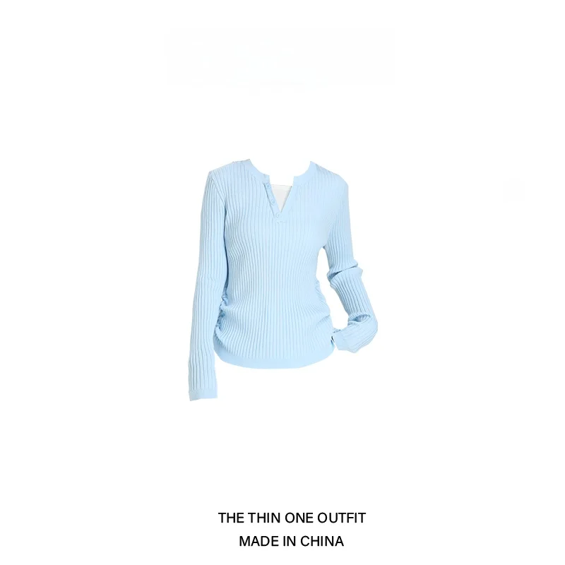 브이넥 니트 롱 슬리브 버튼업 페이크 투피스 여성용 스윗 젠틀 허리 조임 탑 가을 겨울 베이스 레이어