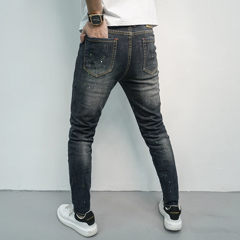 Black Gray Jeans Men's Slim Fit Hole Patch Paint Printing Design Street Cool Casual Tappered Motorcycle Pants