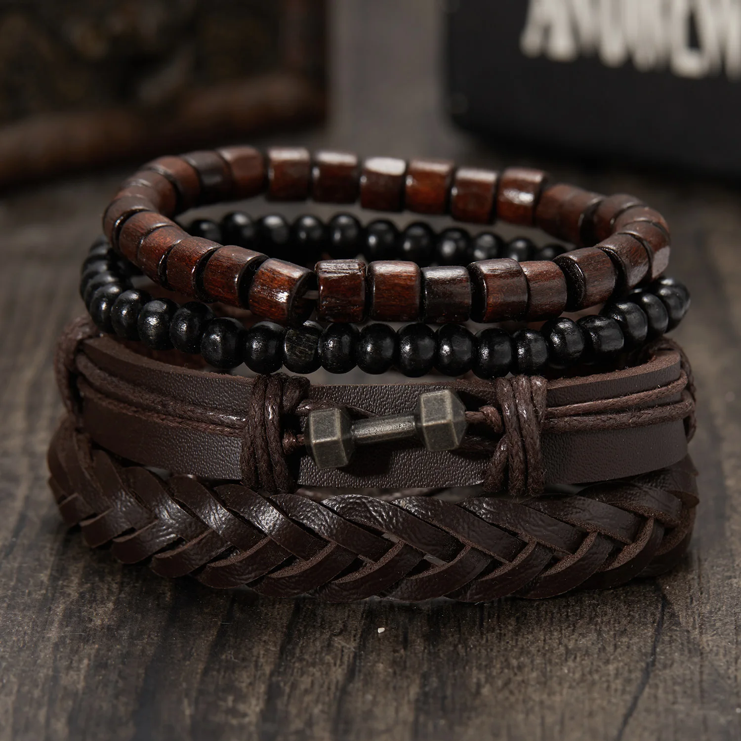 Trendy Braided Wrap Leather Bracelets Men Vintage Cross Dumbbell Guitar Charm Wood Beads Male Wristbands Jewelry Pulsera Hombre