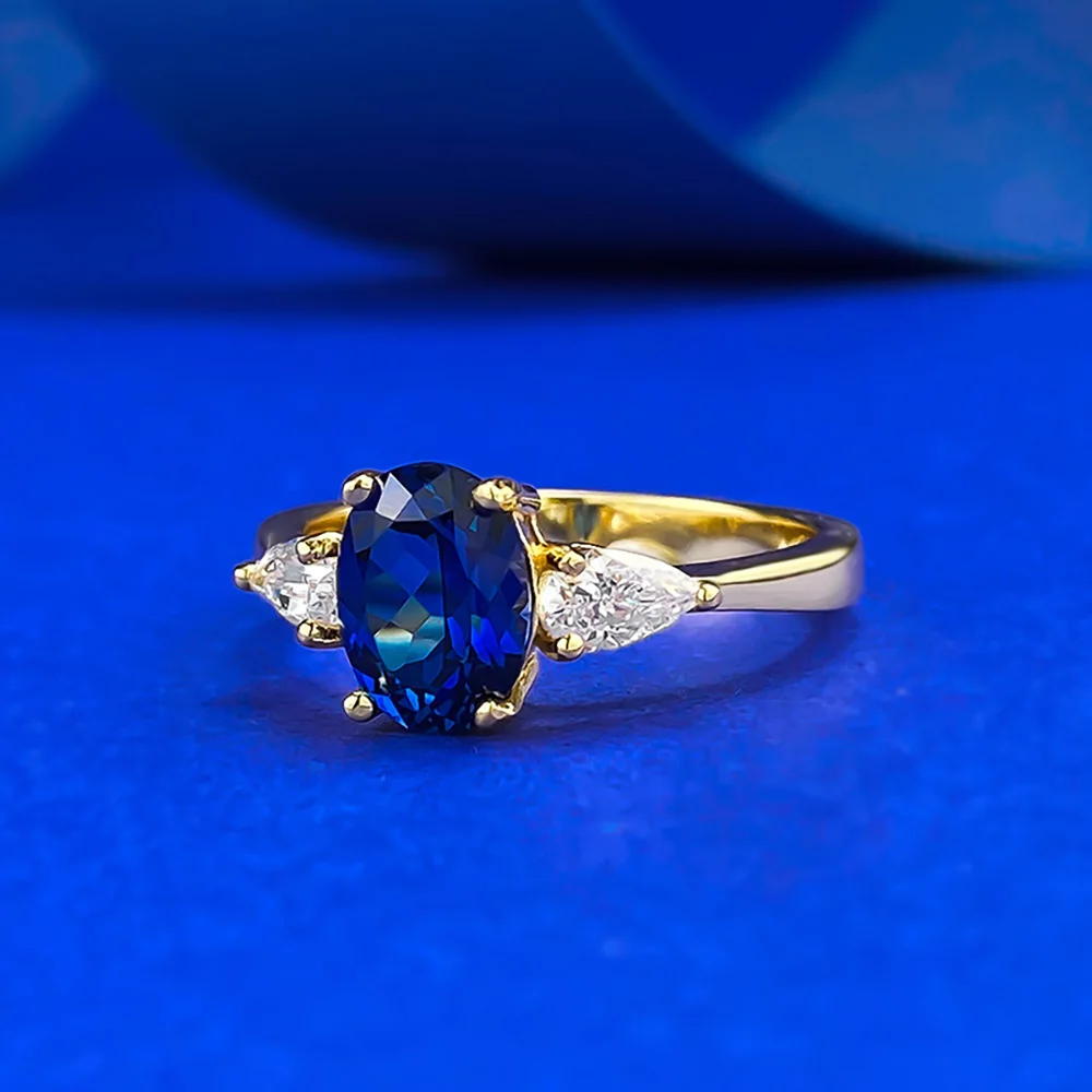 Vintage 18k Gold Plated 925 Sterling Silver 6*8mm Sapphire Rings for Women Lab Diamond Gemstone Party Fine Jewelry Birtyday Gift