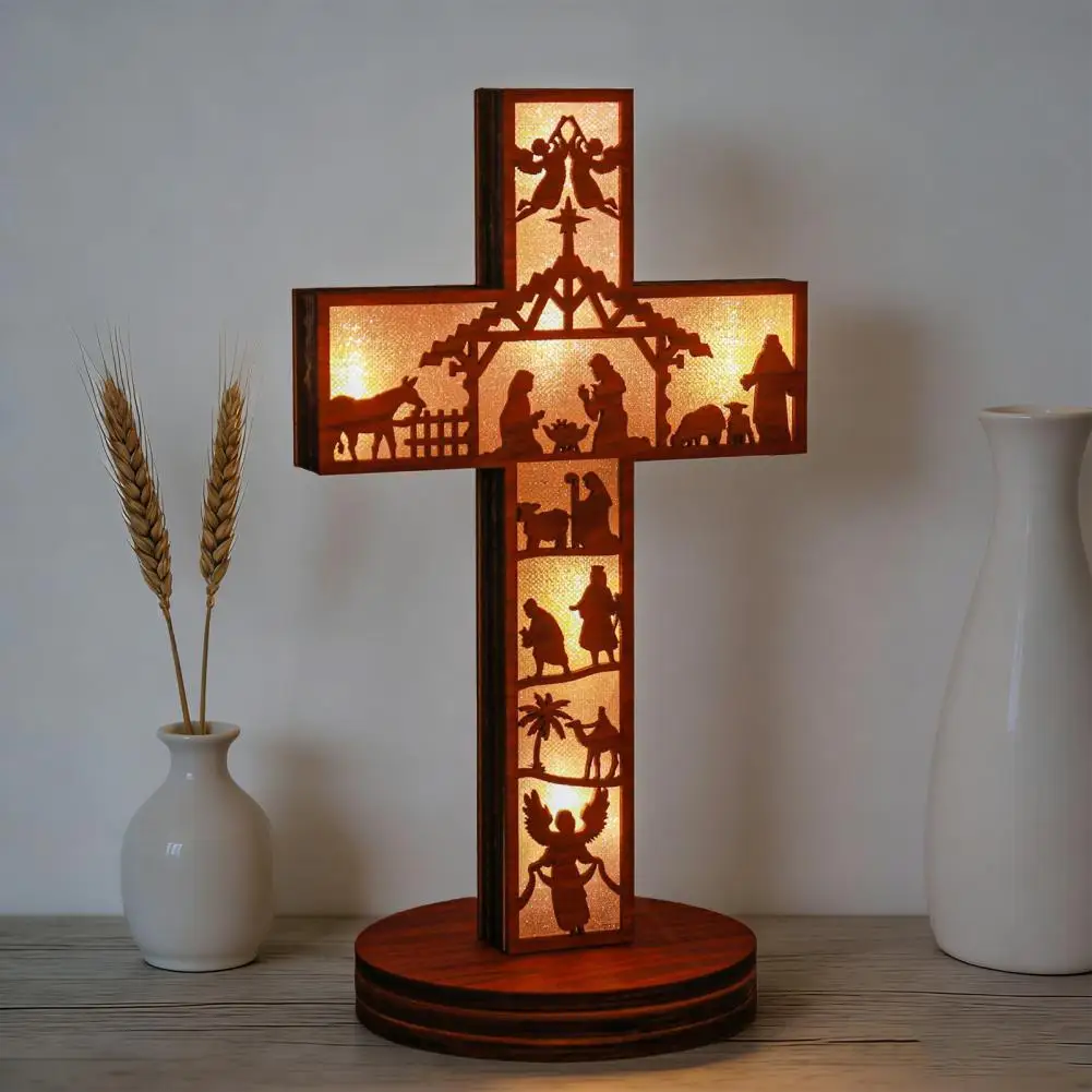 Hand-carved Nativity Set Christmas Nativity Display Christmas Wooden Nativity Scene Set with Led Light Rustic Christian Tabletop