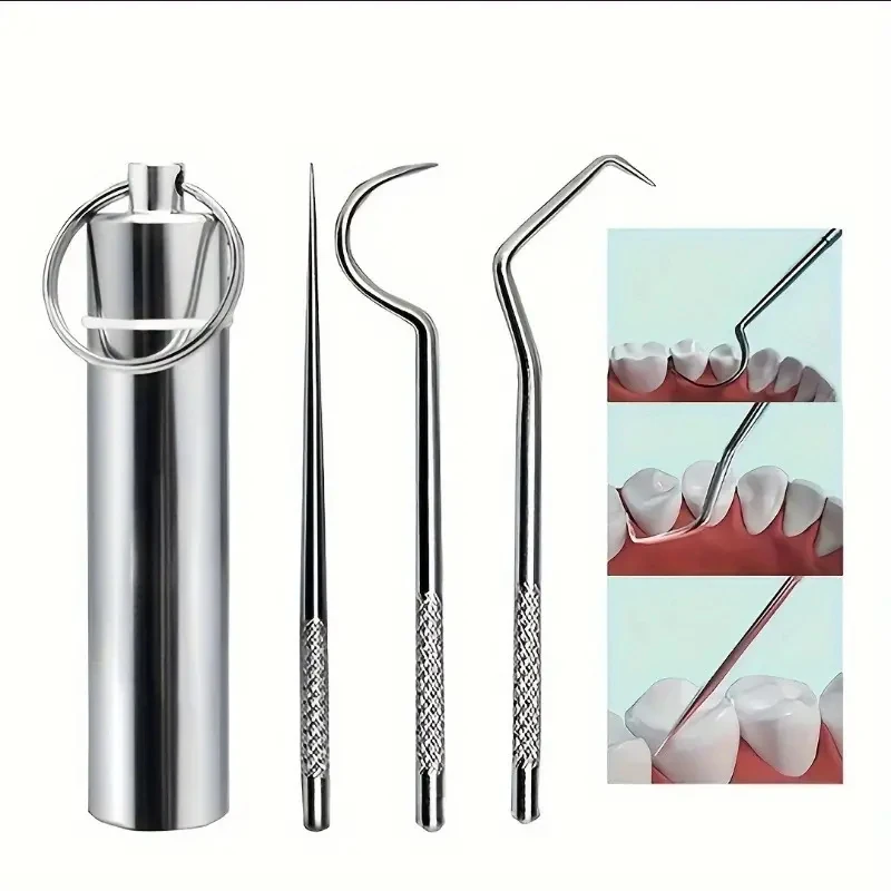 4pcs Stainless Steel Toothpicks Set Efficient Tooth Stains Removal Dental Cleaning Kit with Keychain Holder Perfect for Travel