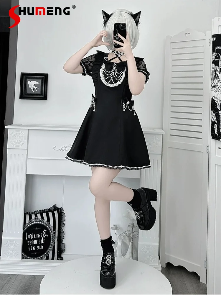 

Original Japanese Mines Style Subculture Y2K Dress Sets Pearl Chain Bow Lace Short-sleeved Dresses Shorts Two-piece Set Women