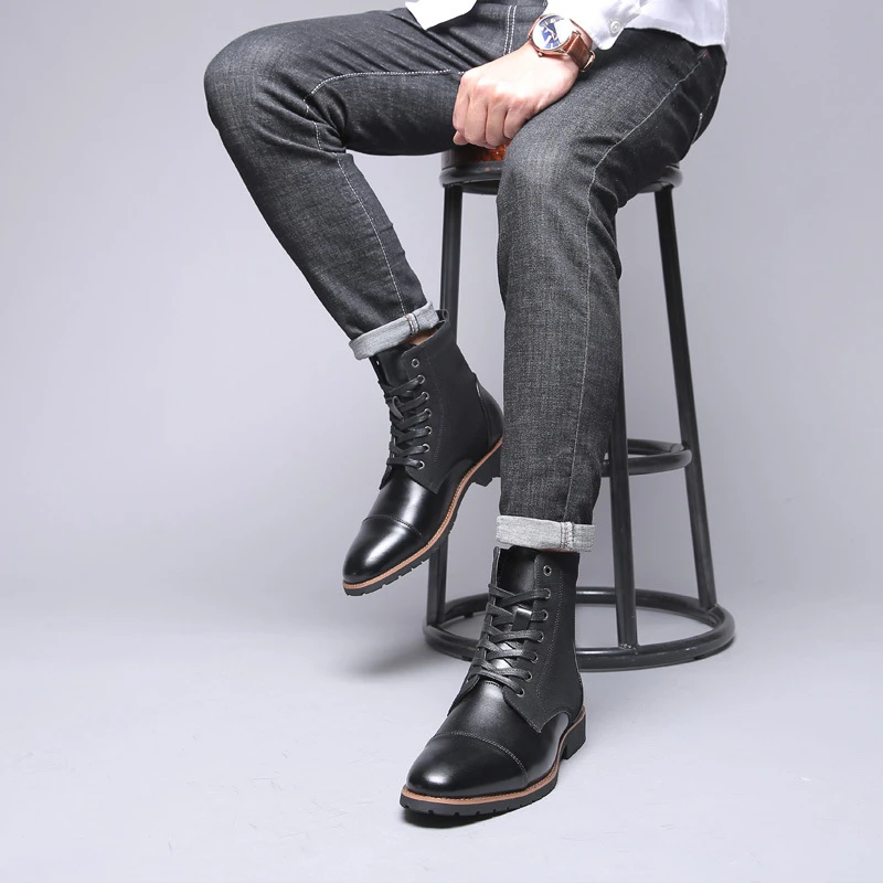 

Mens Brown Cap Toe Boots Leather And Suede Lace Up Ankle Boots For Casual Business Outdoor Wear Temperament Classic Casual New