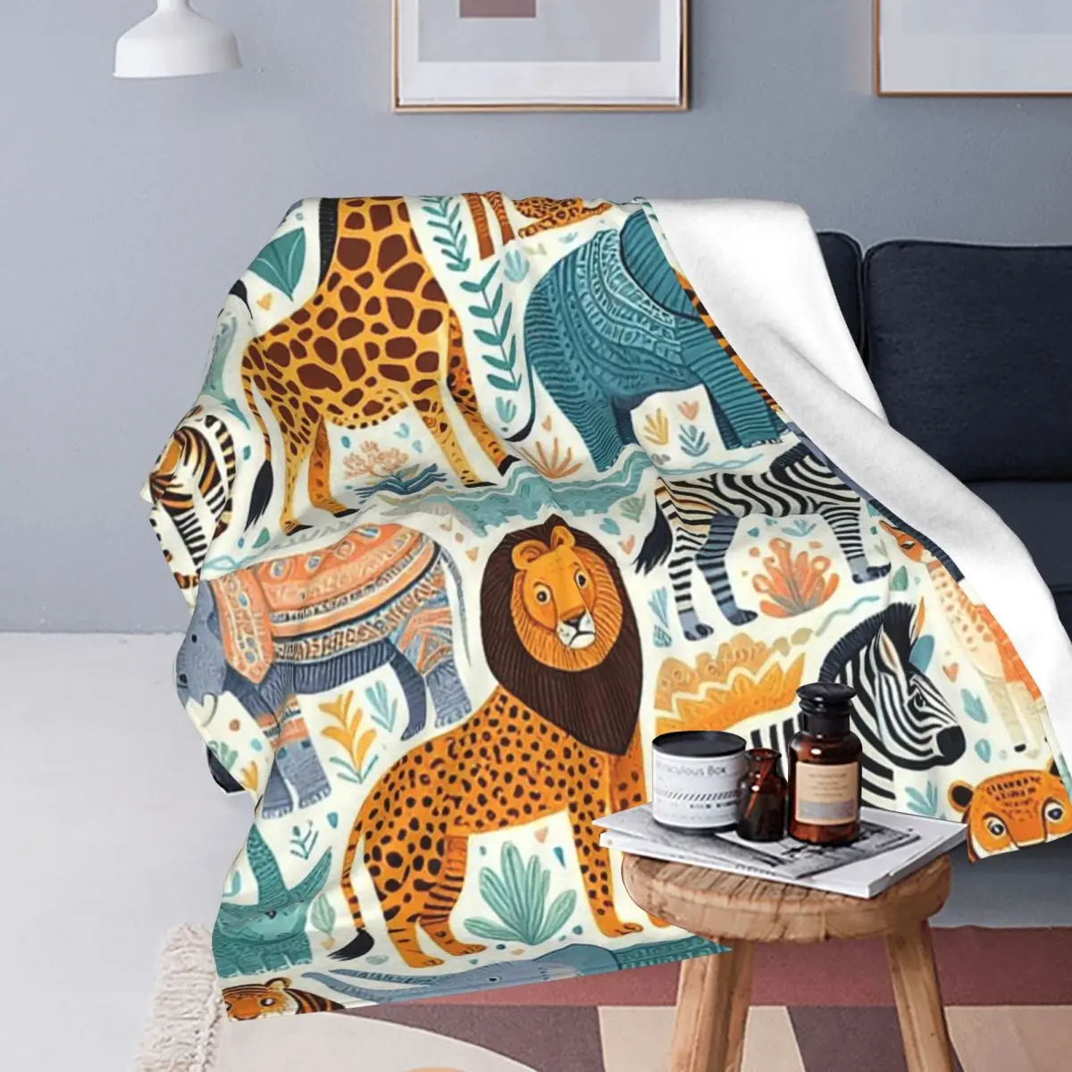 Cartoon Zoo Animals Wild Safari Friends Pattern Blanket Soft Warm Flannel Throw Blanket Plush for Bed Travel Home Sofa