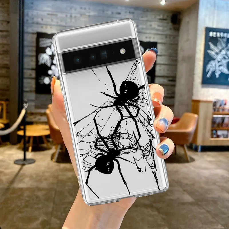 cool Spider Pattern Ultra Thin Clear Case For Google Pixel 6 6A 7 7A Pro 8 Pro 5G Transparent Cover Fundas