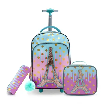 3PCS Rolling Backpack for Girls Kids Wheeled School BookBag With Lunch And Pen Bag Iron tower Pink Glow-in-the-dark Function 1