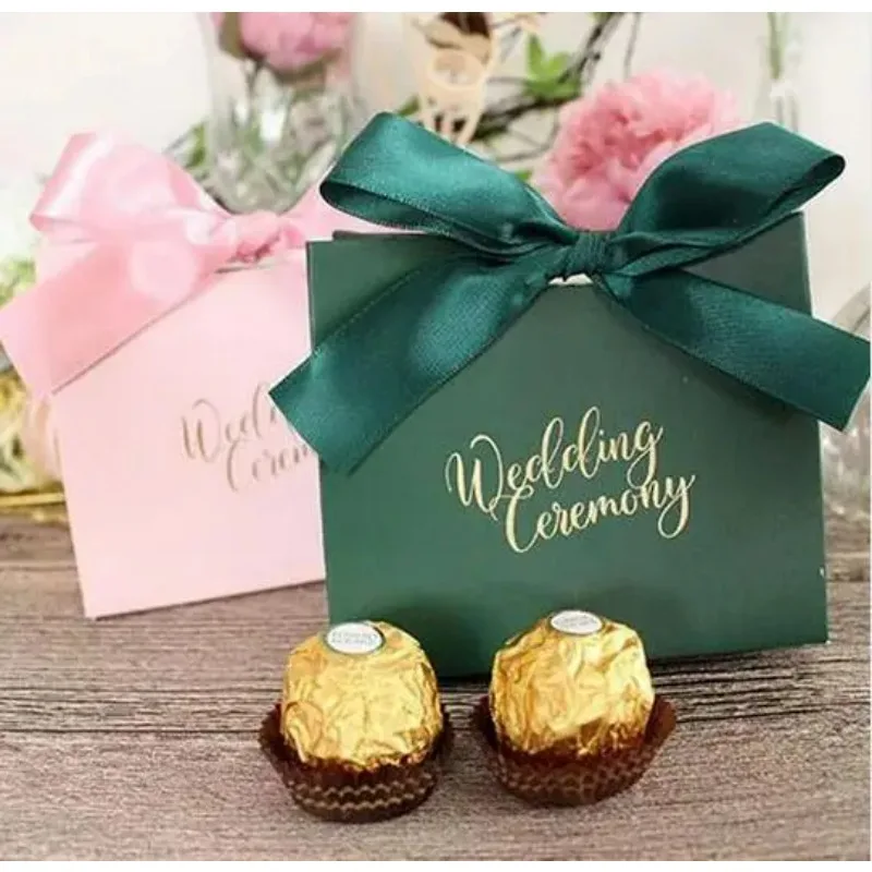 10pcs/lot Small Dark Green Wedding Candy Box With Ribbon Wedding Ceremony Party Decoration Favor Pink Red Gifts Box view 4