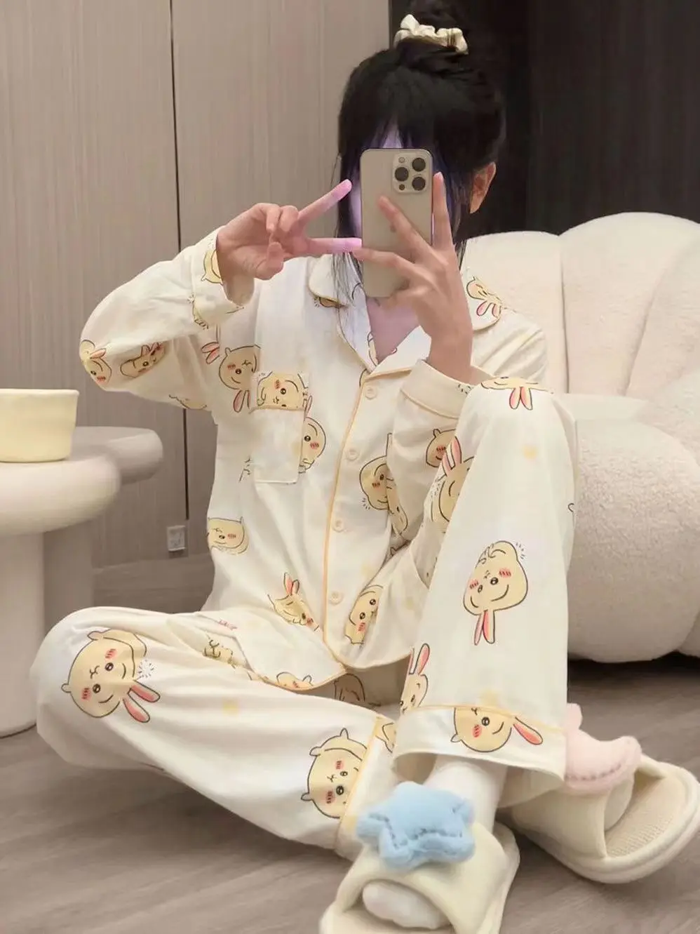 Chiikawa Pajamas Cute Usagi Pajamas Women Spring and Autumn New Kawaii Japanese Long-sleeved Trousers Girls Home Wear Set