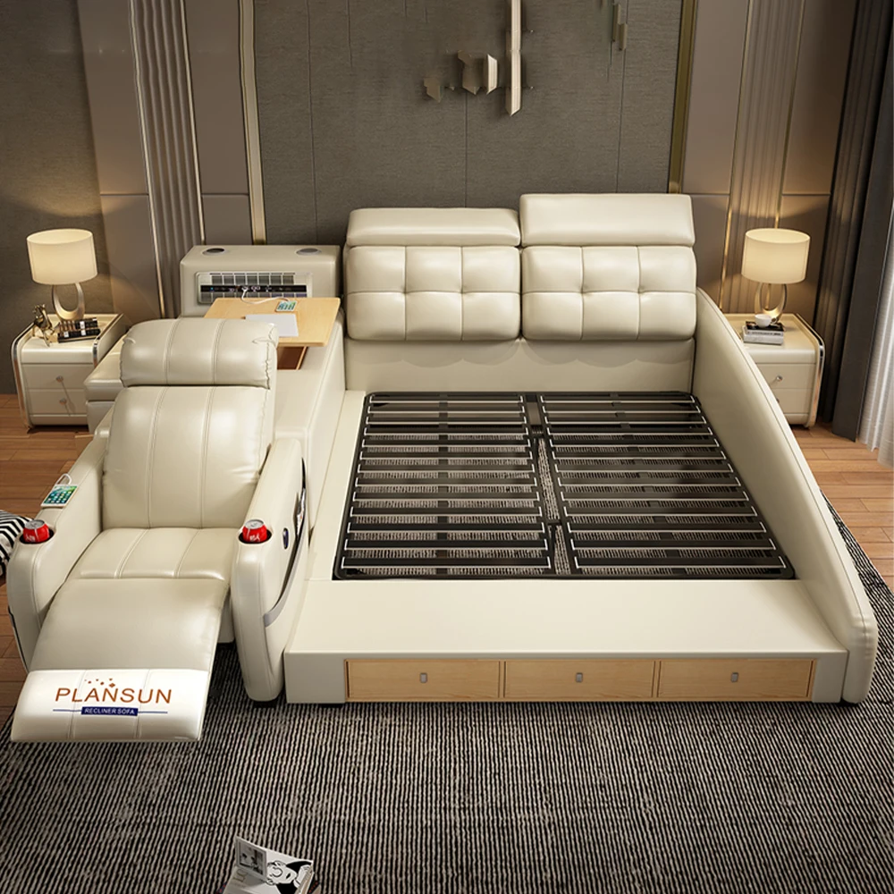 

Массажная кровать Linlamlim с максимальным комфортом и многофункциональным каркасом из натуральной кожи — Bluetooth-динамик, безопасный воздухоочиститель, USB