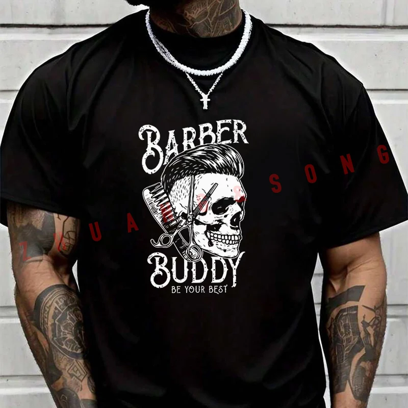 

Men's Women Summer T-shirt Barber Buddy Skull PrintTee Loose Short Sleeved Casual Basic TShirt Round Unisex Tops