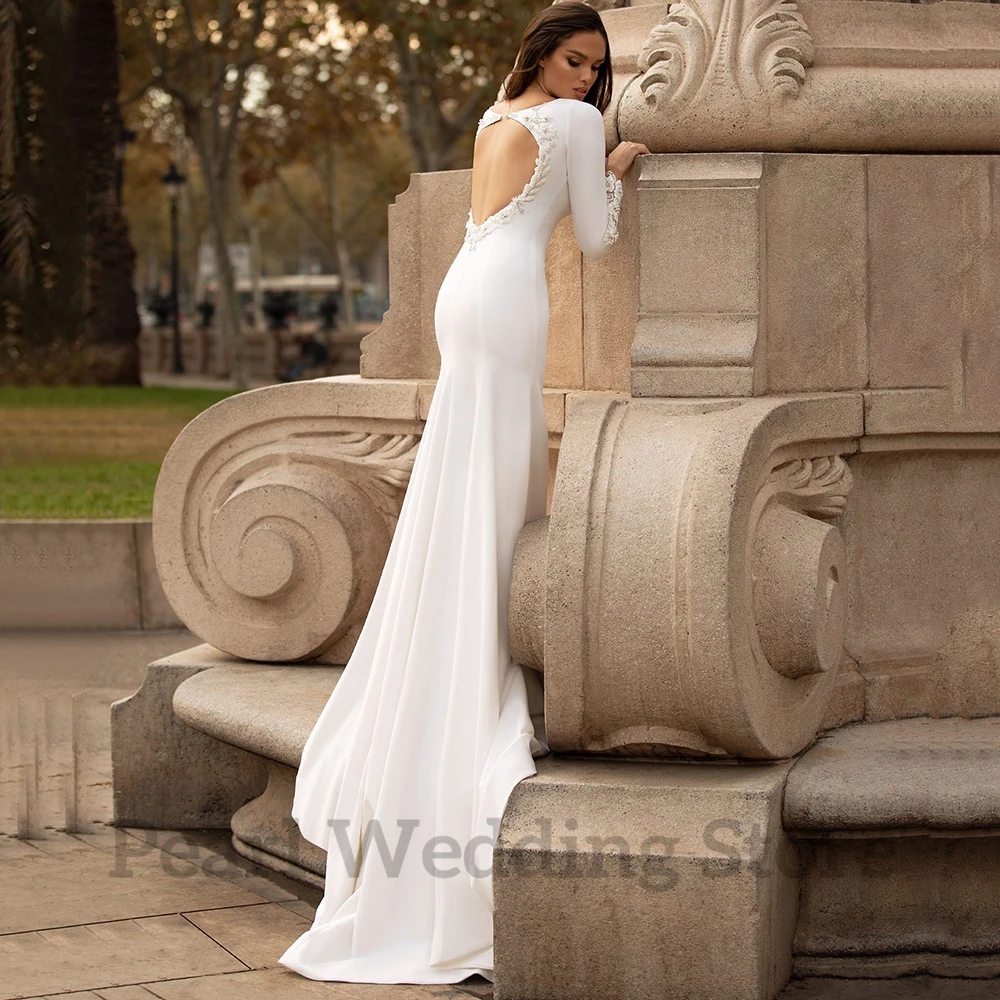 White Satin Mermaid Wedding Dress Crew Hals Applique Lange Mouwen Sexy Backless Bridal Huwelijk Jurken Meerdere Maten Gewaad