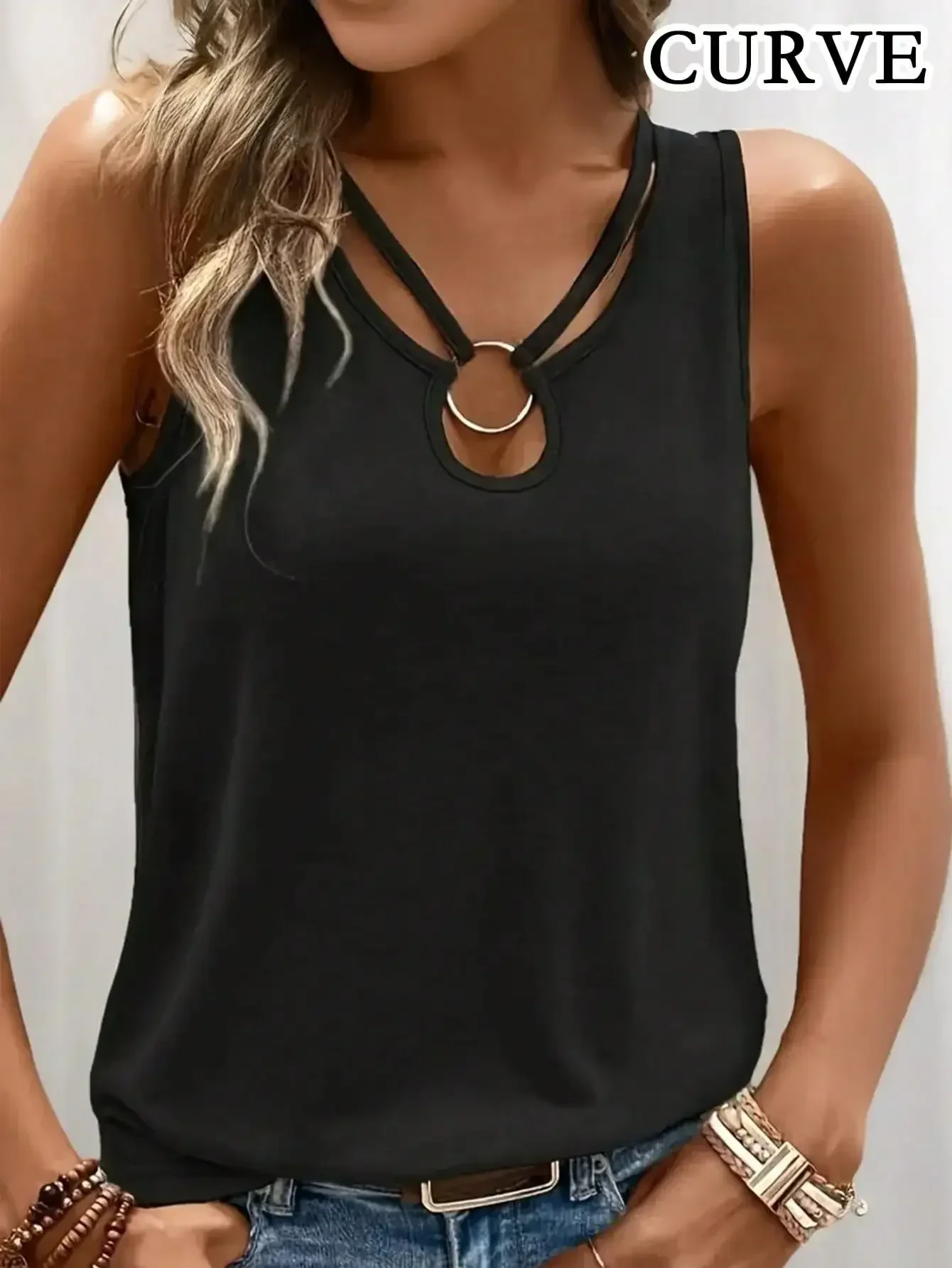 Tank Top Tanpa Lengan Warna Solid Fashion Wanita Ukuran Besar 1XL-5XL Atasan Kerah V Musim Panas Tank Top Kasual Wanita