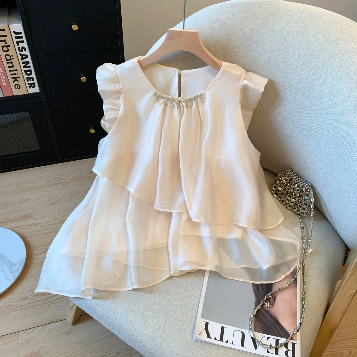 

Elegant Asymmetrical Layering Sleeveless Chiffon Top Women's Lightweight Soft Translucent Summer New Style Casual round Neck