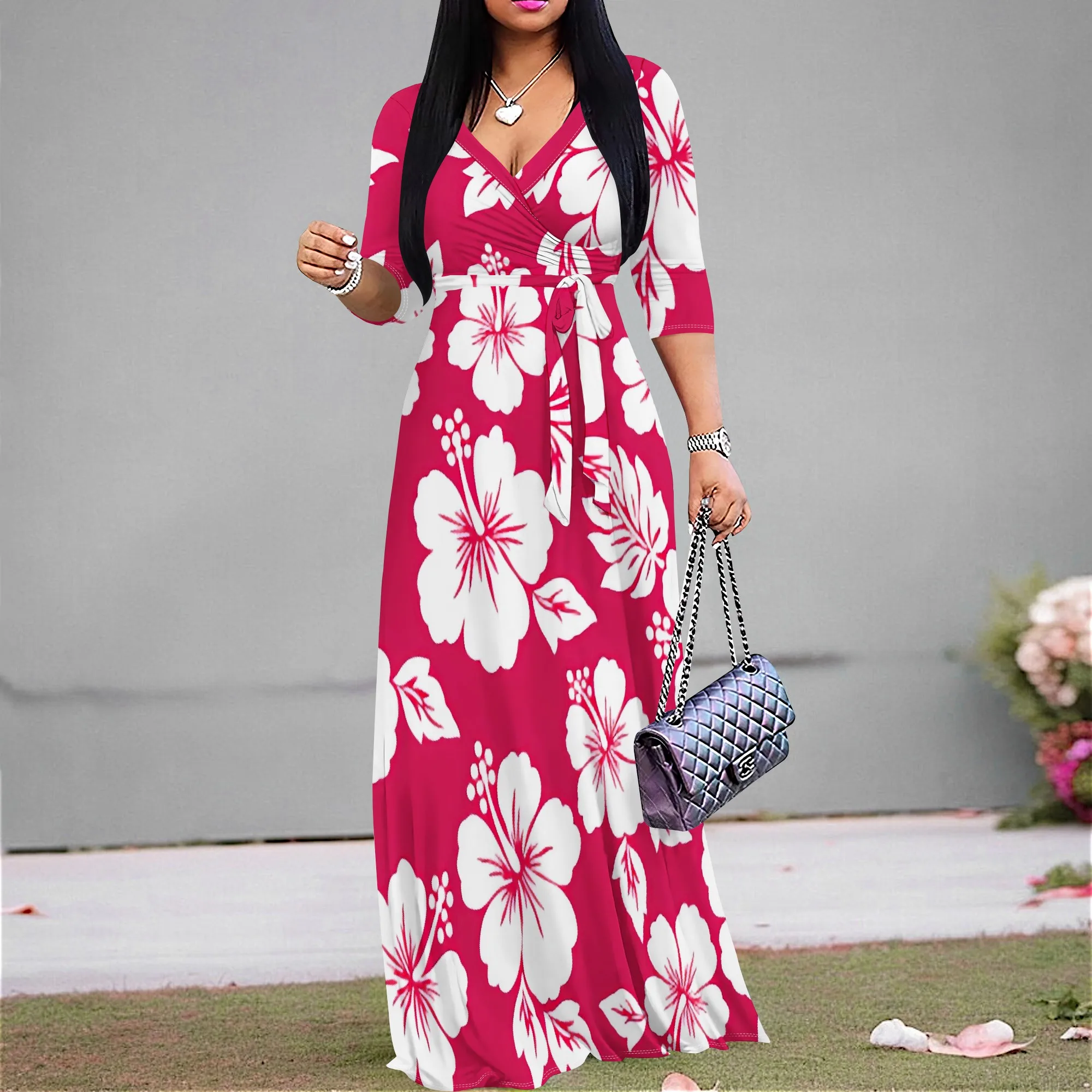 

Tropical Hibiscus Wrap Maxi Dress S-3XL – Bright Pink & White Floral Print for Summer Vacation