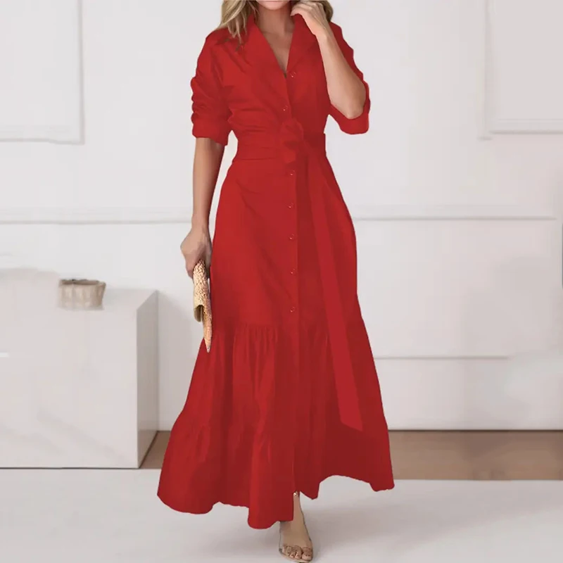 봄 여름 신상 여성용 롱 솔리드 컬러 셔츠 드레스 다용도 우아한 브이넥 레이스업 허리 조임 단추형 드레스