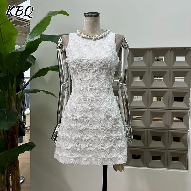 

KBQ Solid Elegant Spliced Diamonds Slimming Dresses for Women Round Neck Sleeveless High Waist Temperament Dress Female Fashion