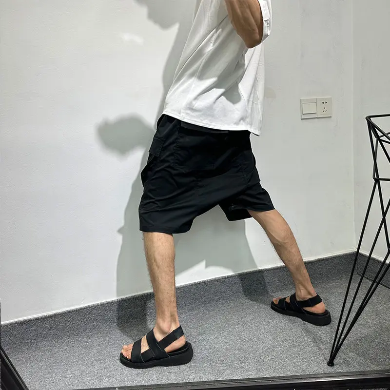 High Street Black Shorts Men's Dark Workwear Loose Harun Shorts Retro Elastic Hanging Streetwear Loose Casual Mid Length Pants
