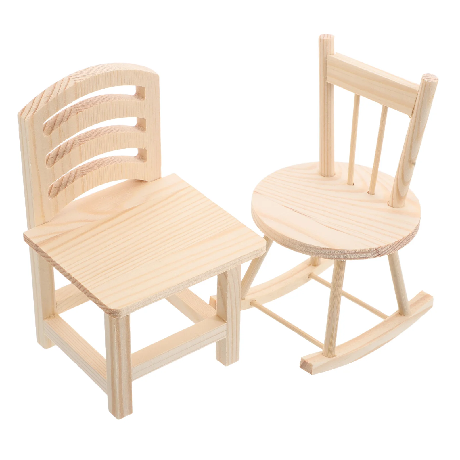 

2pcs Miniature Chairs Small Rocking Chair Pine Wood DIY Kids Toy Vintage Dollhouse Furniture Accessory Wooden Model Child Seat