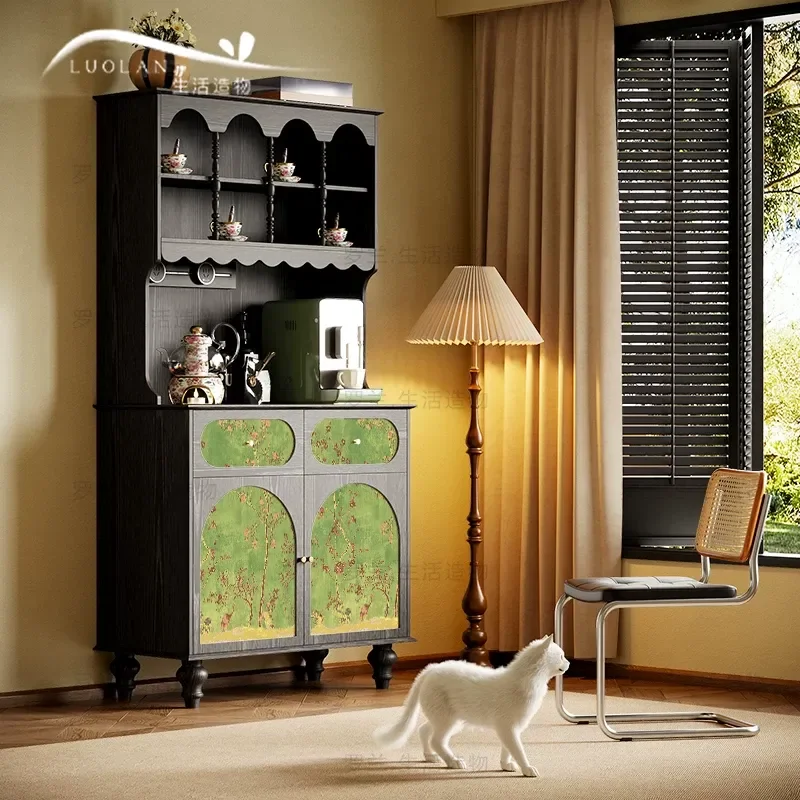Green Retro Solid Wood Dining Side Cabinet Living Room Floral Bird Tea Storage Decorative Cabinet Bedroom Antique Locker