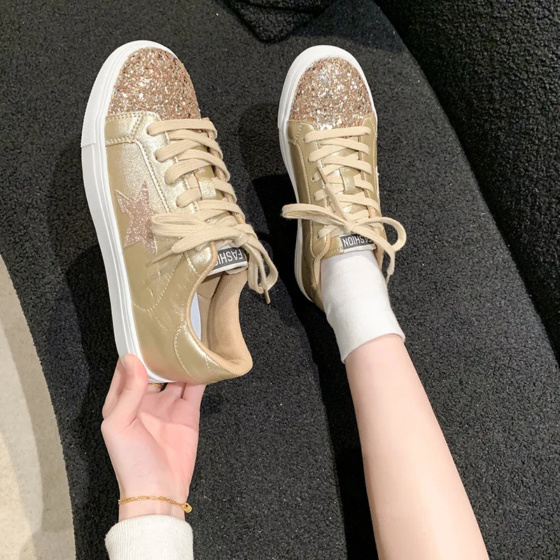 Plus Size Women 2024 New Retro Star Sneakers, Casual Comfortable Dirty Shoes Sequin Lace Up Non Slip Casual Comfortable Flats view 2