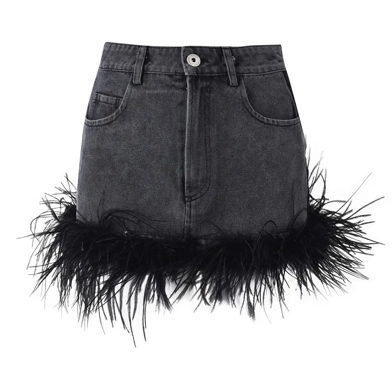 Fashion Women's Denim Skirt High Waist Streetwear New Trendy Patchwork Black Feather A-line Skirts S3712