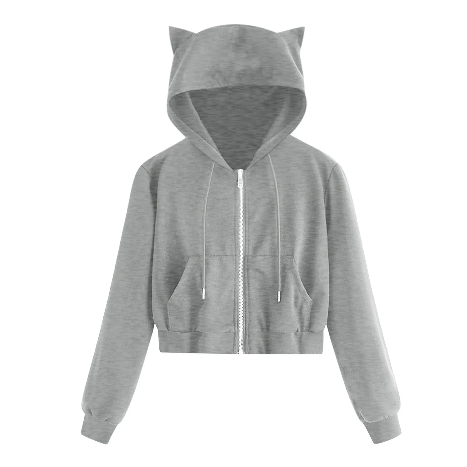 Cat Ear Zip Up Cropped Hoodies Sweatshirts For Teen Girls Kawaii Jackets Pocket Drawstring Harajuku Hoody Sudaderas Tracksuit