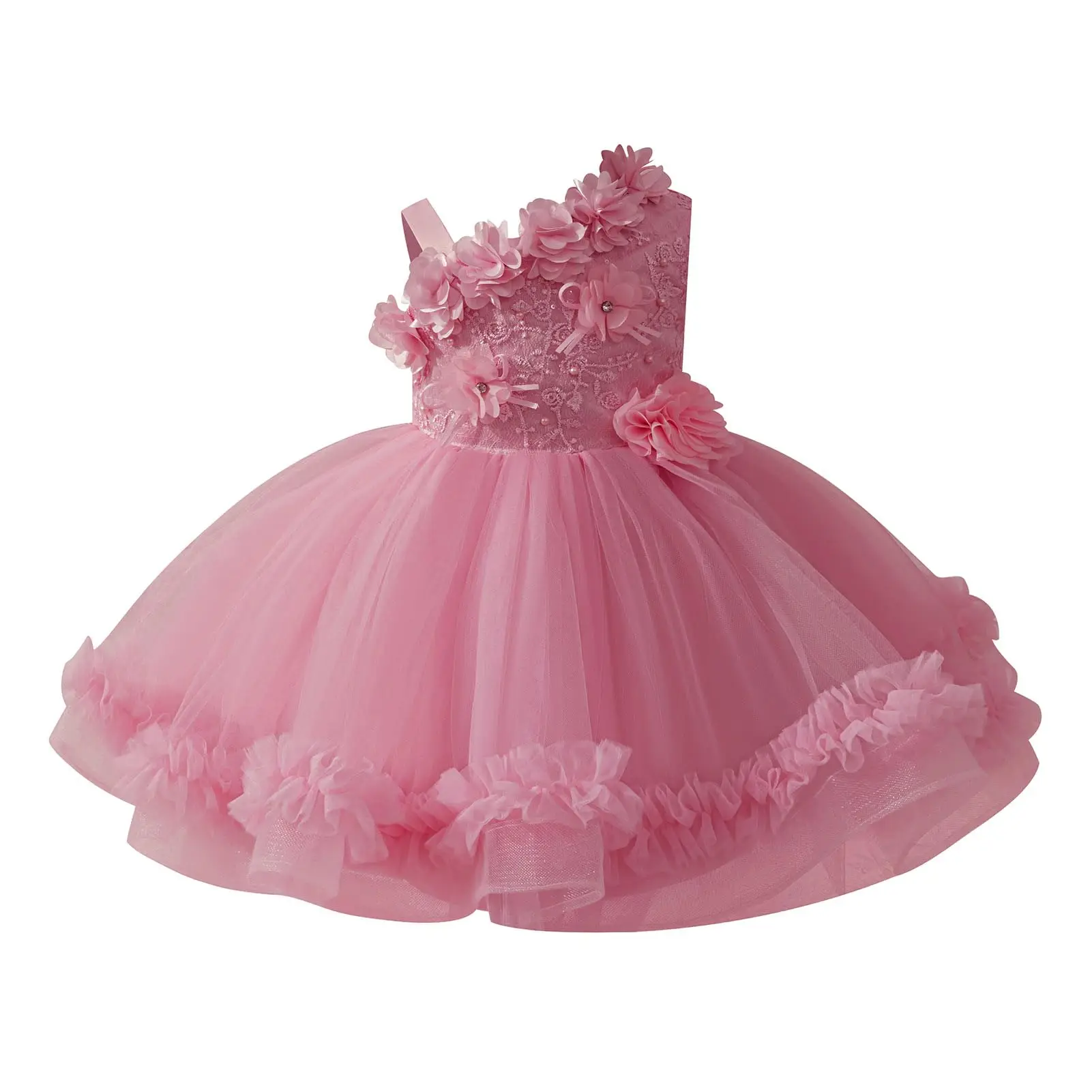 3D Floral Flower Girls Asymmetric Shoulder Formal Birthday Wedding Party Dresses