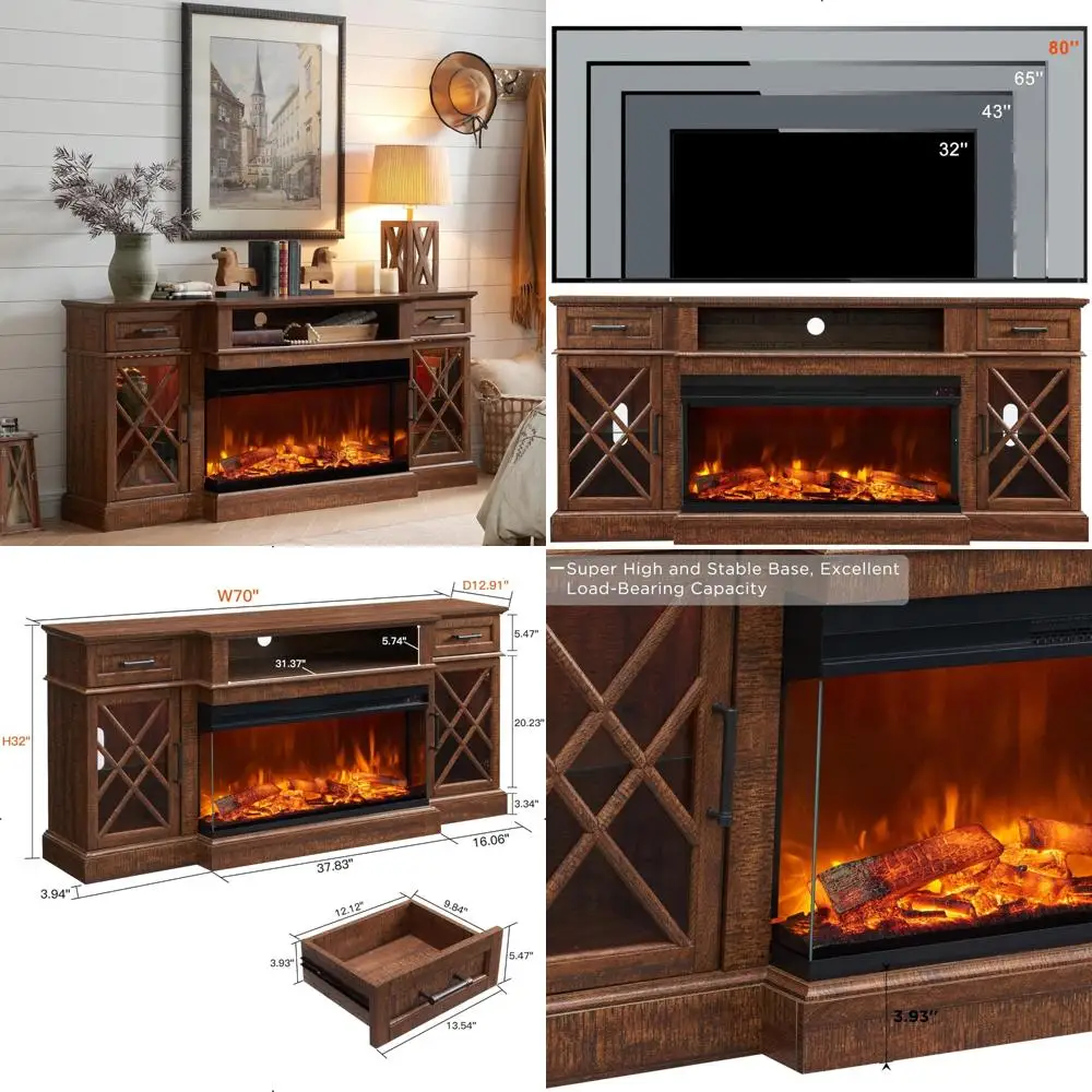 

Modern 3-Sided Glass Farmhouse TV Stand for 80 TVs, Highboy Media Center with Glass Door Storage