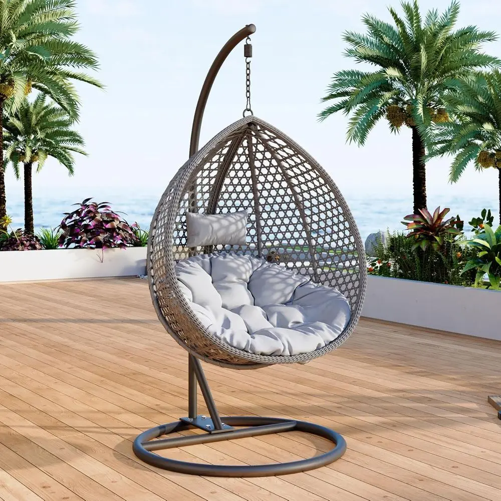 

Grey Outdoor Egg Swing Chair with Stand, Rattan Hanging Basket Chair, Cushion & Pillow, Ideal for Patio, Balcony, or Bedroom