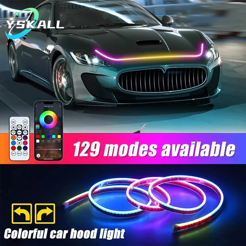 LED Daytime Running Light Starting Car Hood Lights DRL Auto Ambient Decorative RGB Colorful Car Hood Light Strips APP Control