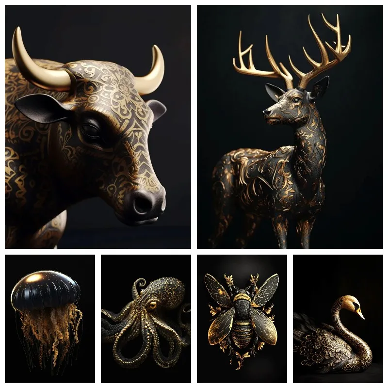 Diamond Painting Full Pebble,Black Gold Aesthetic Animal Picture Nordic Wall Art Bull Deer Swan Bee Octopus Eagle Lion,Decor