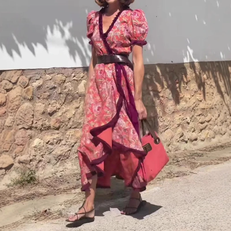 Abito da festa Boho patchwork con stampa di moda Abito casual a maniche corte a vita alta Abiti da donna Abito lungo con temperamento sexy con scollo a V estivo