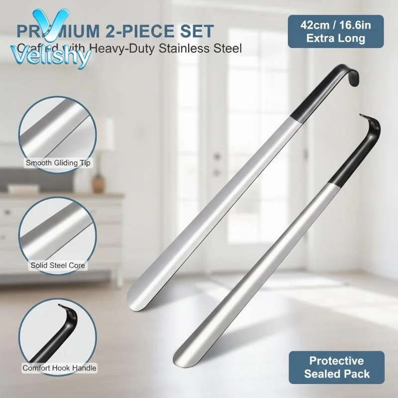 Long Handle Metal Shoe Horn 2 Pack Ergonomic Comfort Grip Smooth Surface No Bending for Pregnant Women Daily Shoe Wearing