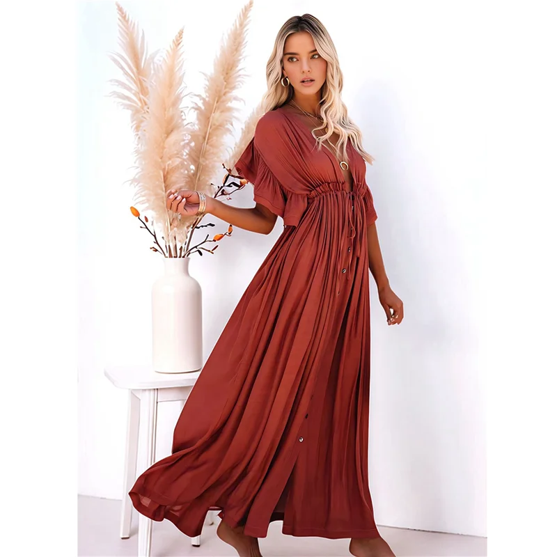 فستان شاطئ صيفي كاجوال للنساء، فستان طويل مكشكش بأزرار سفلية، فستان بوهو طويل