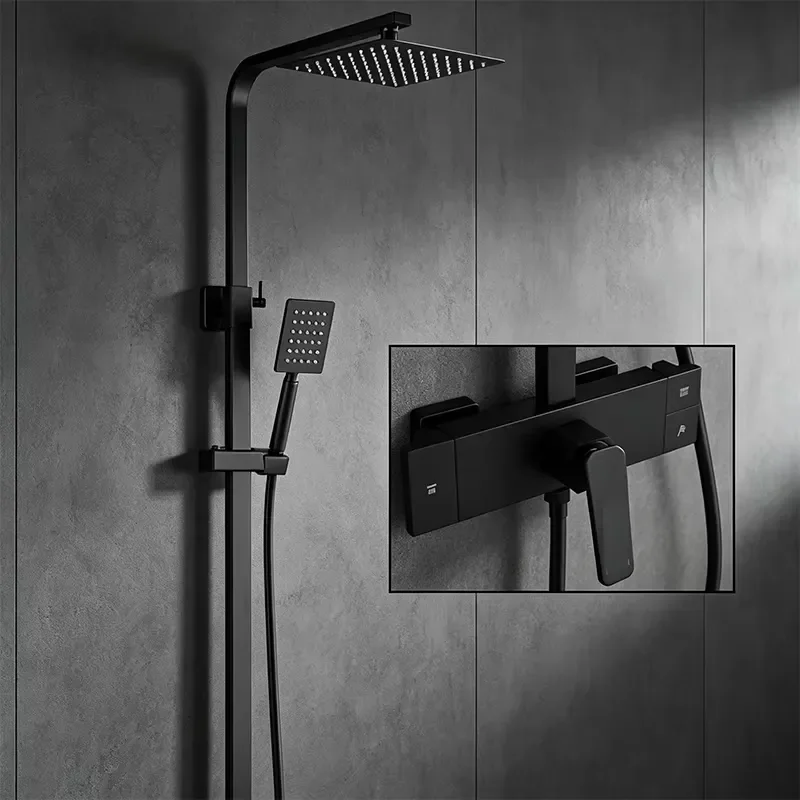 HONGDEC Black Shower Faucet Set Push Button Control Shower System Brass Wall Mounted Shower Kit Bathroom