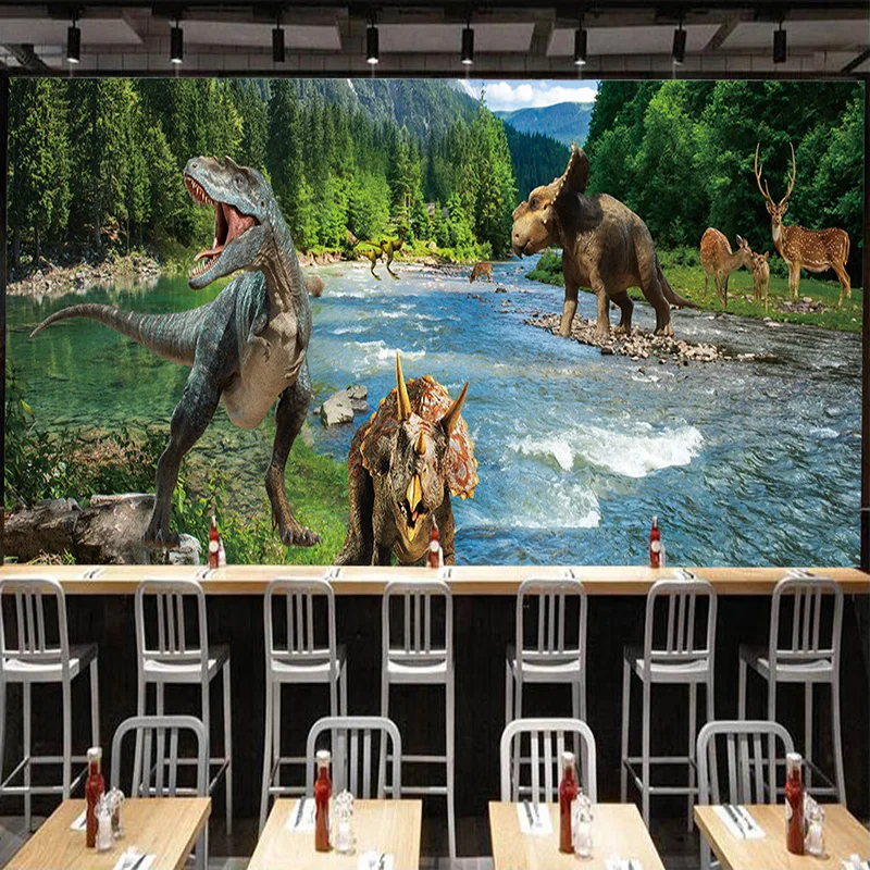 Custom Any Size 3D Dinosaur Forest River Nature Landscape Wall Mural Wallpaper for Living Room Bedroom Cafe Restaurant Decor
