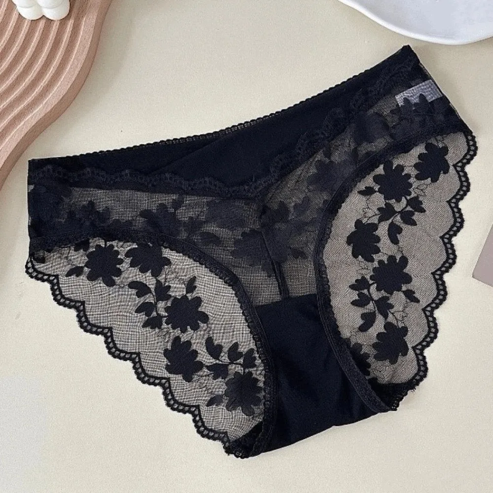 Sweet Mesh Lace Flower Panties Low Waist Transparent French Style Briefs Breathable Lace Briefs Summer Spring