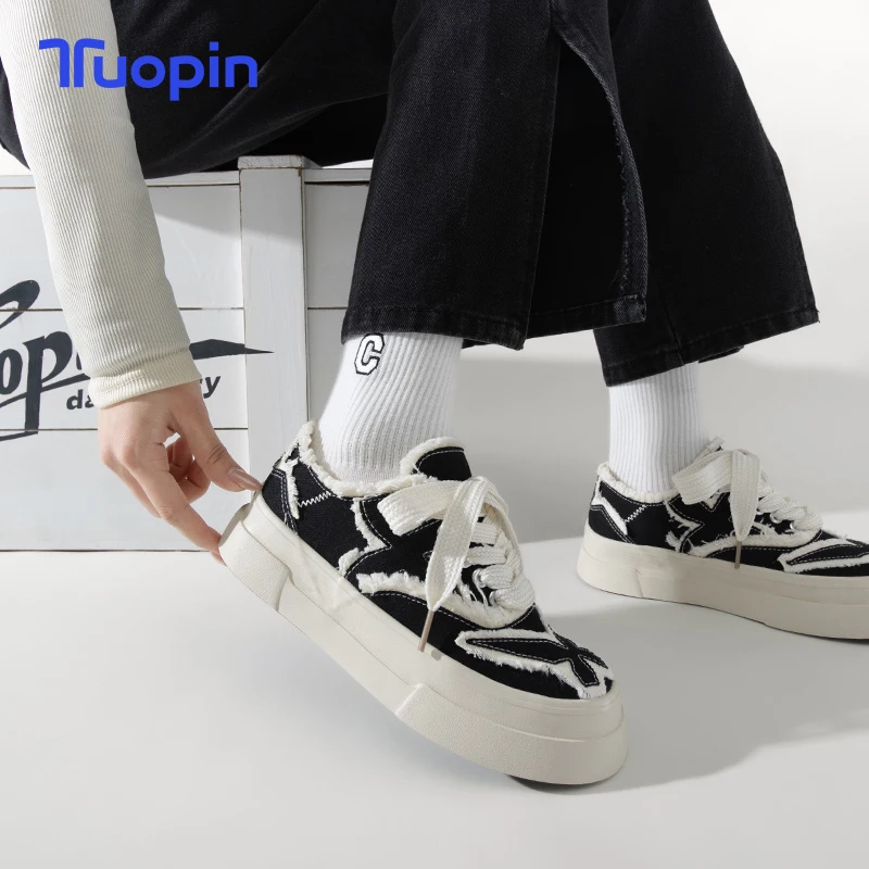 

TuoPin Thick soled canvas shoes butterfly spring and summer new niche design raw edge splicing casual board shoes