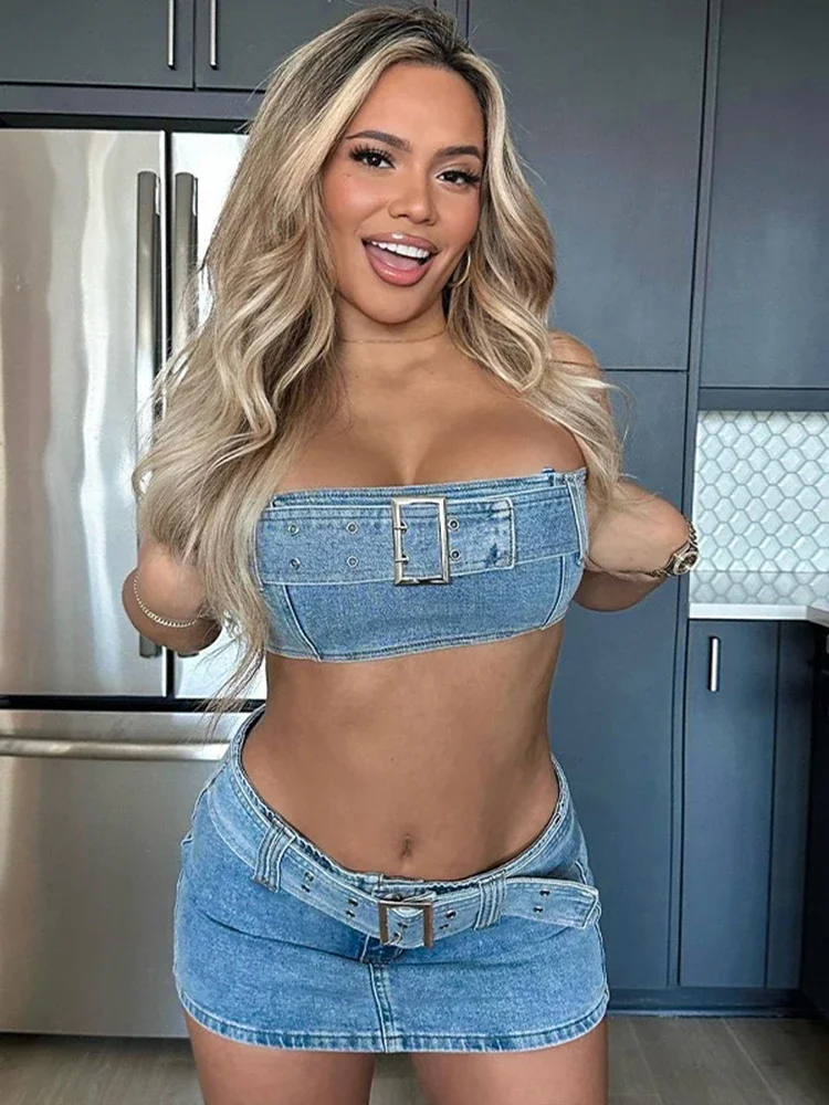 Summer Women Two Piece Set Young Casual Denim Wrapped Chest+Mini Hip Skirt Matching Outfit Student Girl Street Attire Hot