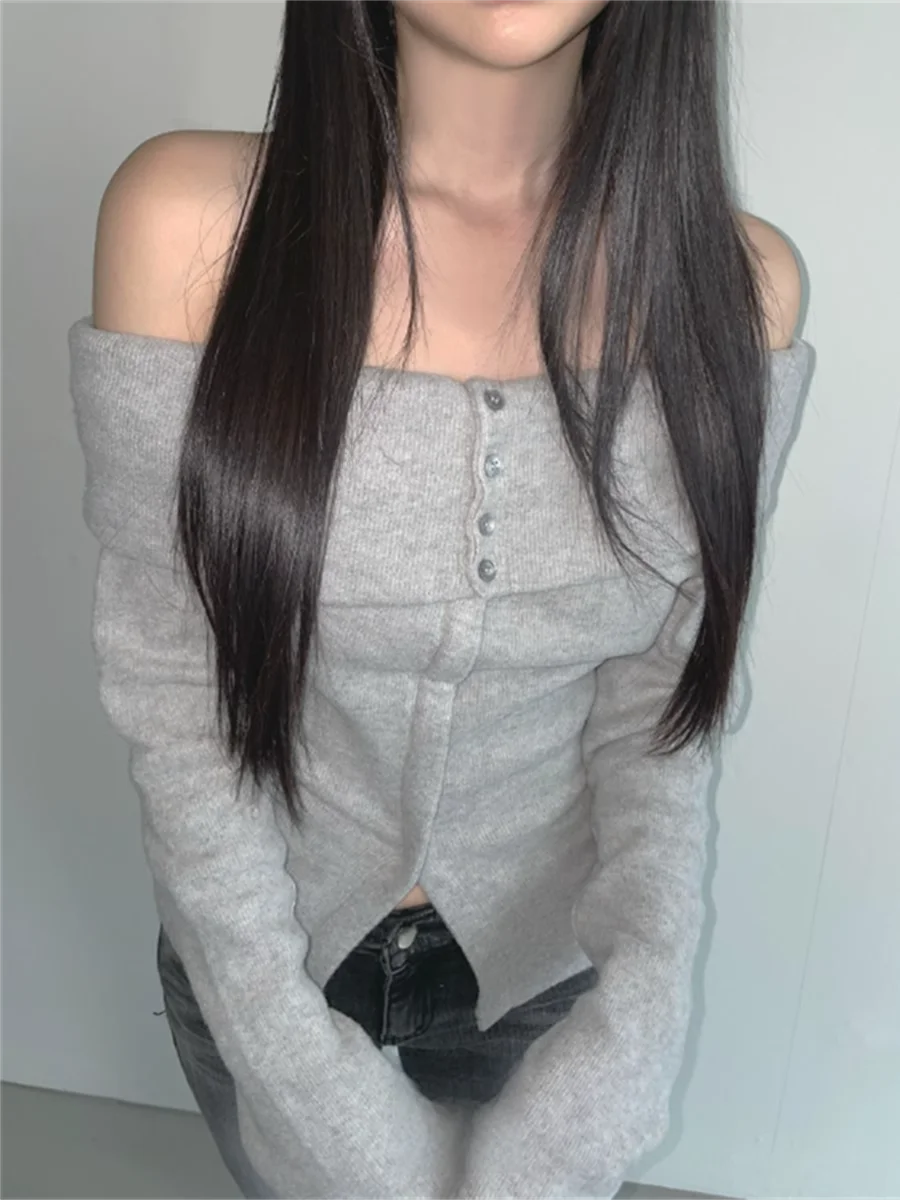 섹시하고 독특한 SEI 니트 롱 슬리브 오프숄더 버튼업 겨울 상의 한국 스타일 출퇴근 패션 레귤러 핏 싱글...