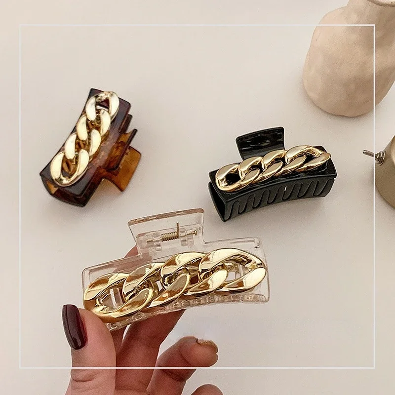 Jepit Rambut Model Hiu Akrilik Cakar Rambut Rantai Emas Antik Mode Korea Baru Aksesoris Rambut Model Amber untuk Wanita