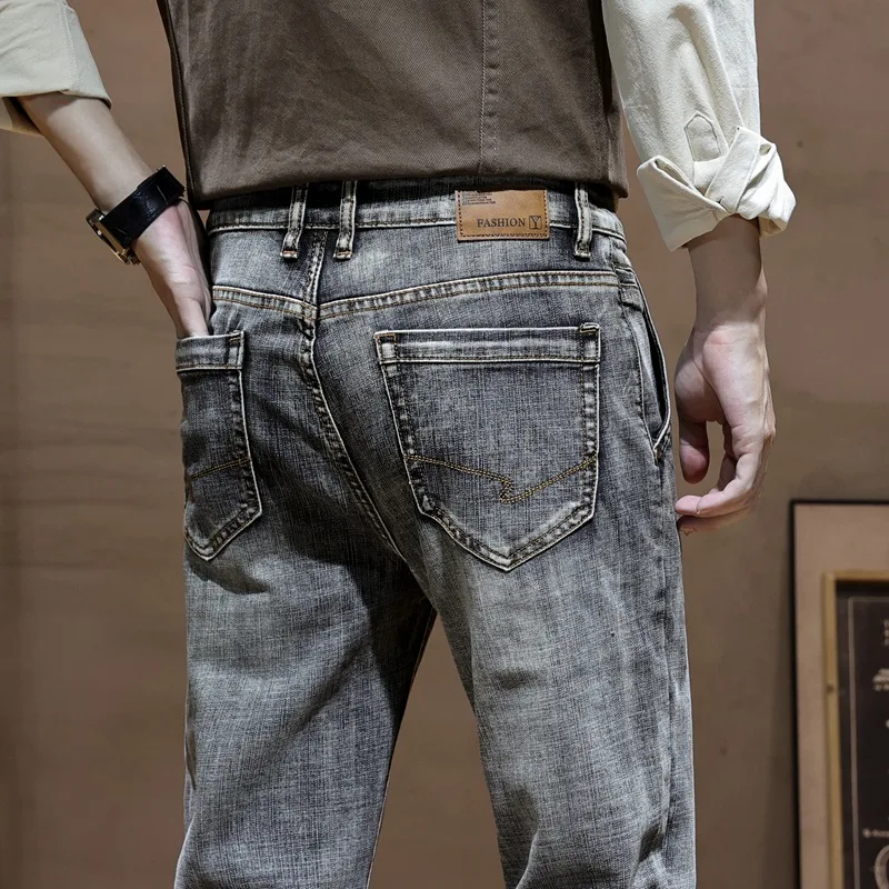 Pantalones vaqueros bordados retro para hombres, pantalones largos de pierna recta, delgados, moda americana para jóvenes, proceso de barba de gato lavado, Nostalgia