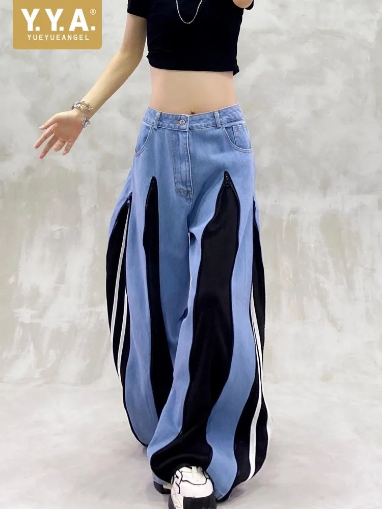 Autumn New Loose Fit Women Wide Leg Jeans Patchwork Zipper Design Floor Pants High Waisted Straight-Leg Denim Trousers Hot Sale