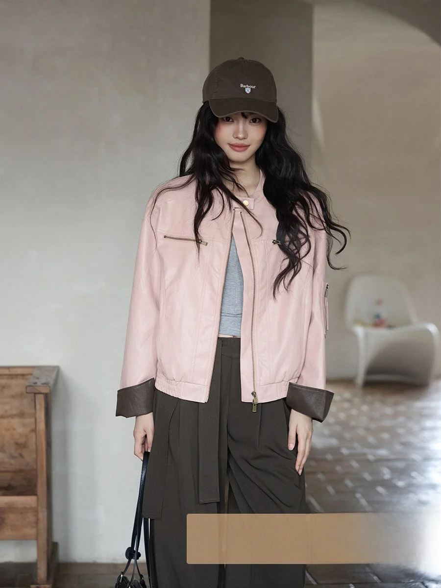 

Ximen 2026 New Spring Korean Sle Cool Pink Leather Jaet Outerwear Ele Faionable Small Size Women's Clothing
