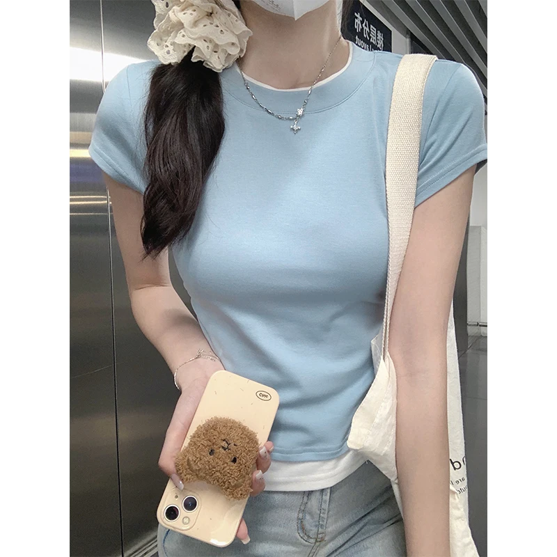 

Women's Summer Round Neck Contrasting Patchwork Pullover Asymmetrical Short Sleeve T-shirt Fashion Office Lady Elegant Tops