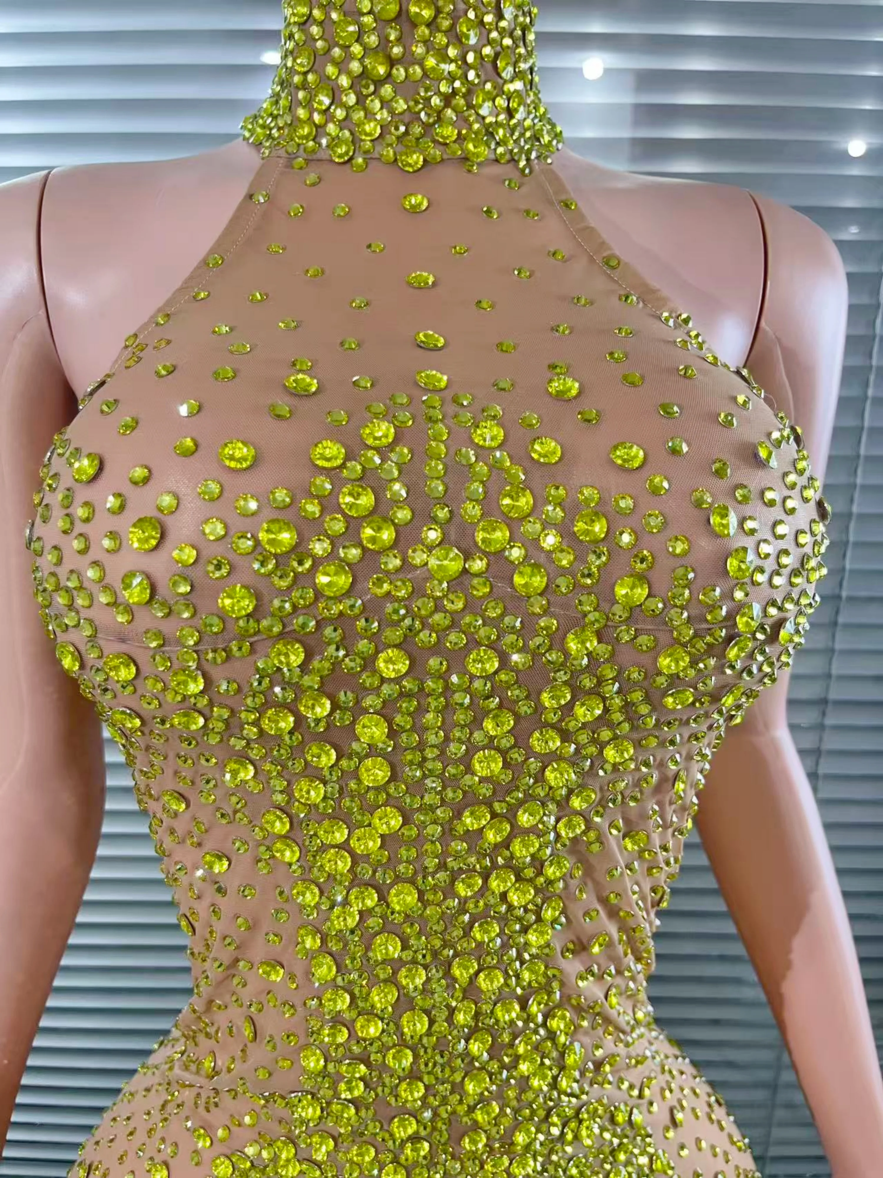 Opulentes, glitzerndes, ärmelloses langes Kleid mit Strasssteinen, sexy Mesh, transparent, Feiern, Hochzeit, Abschlussball, Geburtstag, Nachmittagstee-Kleid